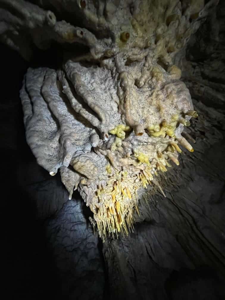 Vue de dessous sur des gouttes d'eau qui tombent depuis les petites stalactites qui pendent