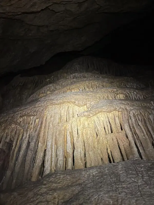 Vue sur des stalactites qui recouvre une paroi dans une grotte