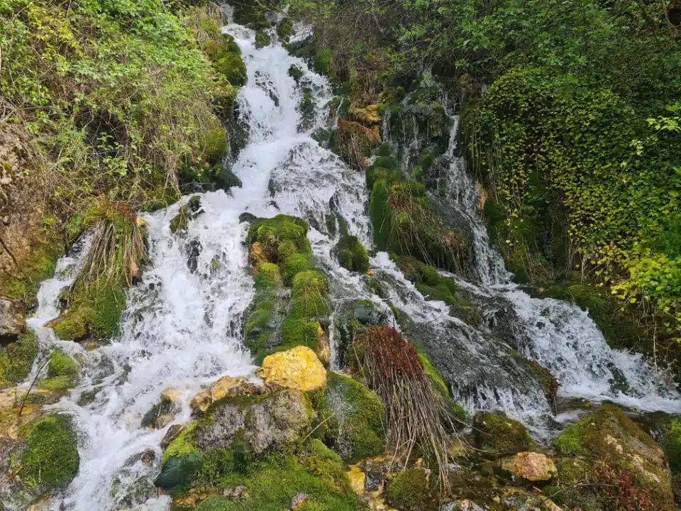 Vue sur la Fountarrasse qui est une petite cascade d'eau blanche dévale des rochers couverts de mousse verte et de végétation luxuriante.